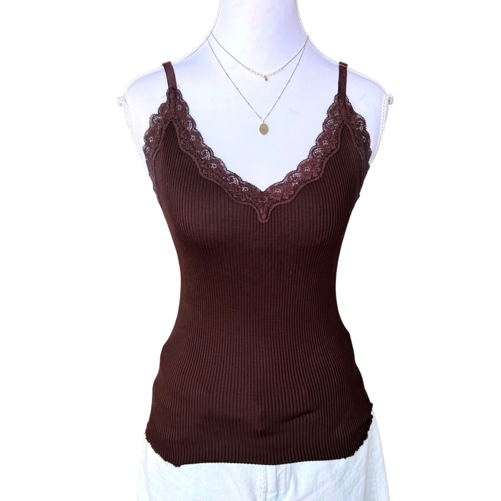 Silk Ribbed Cami Lace Trim Brown Tank Top Coquette Y2K 2000s OS
